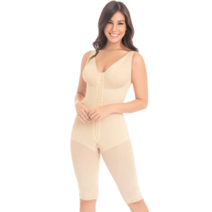 Knee-length full body faja with built-in bra, medium compression, adjustable straps, and front closure for daily shaping and support.