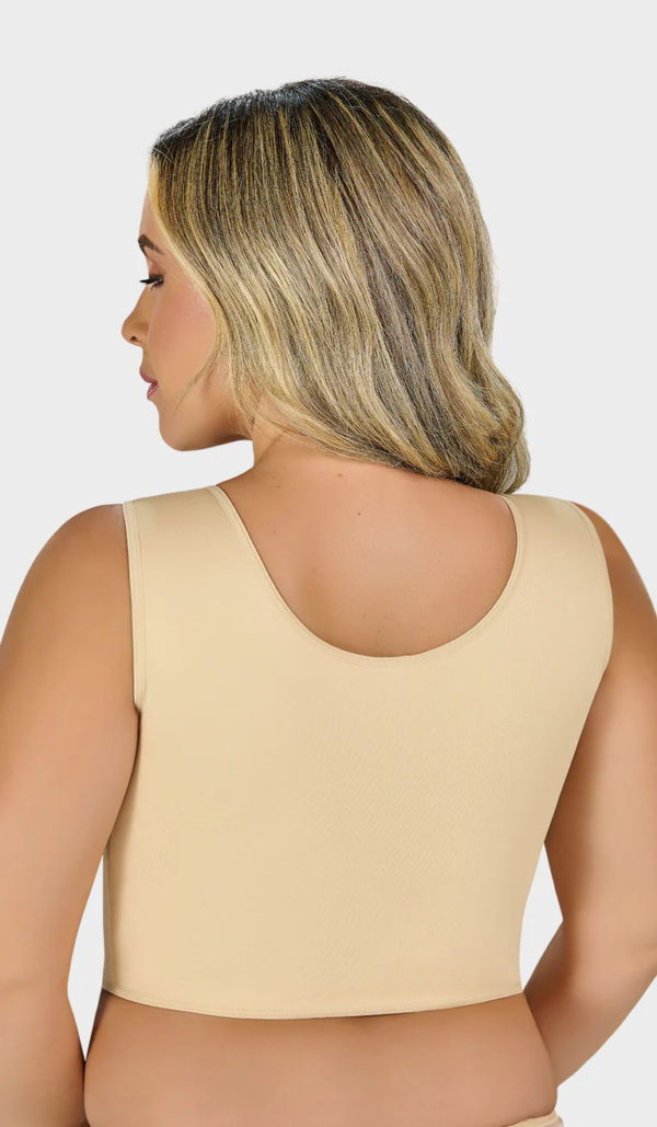 Control bra top with bust enhancement, wide straps, covered back, and two-level hook closure for daily use.