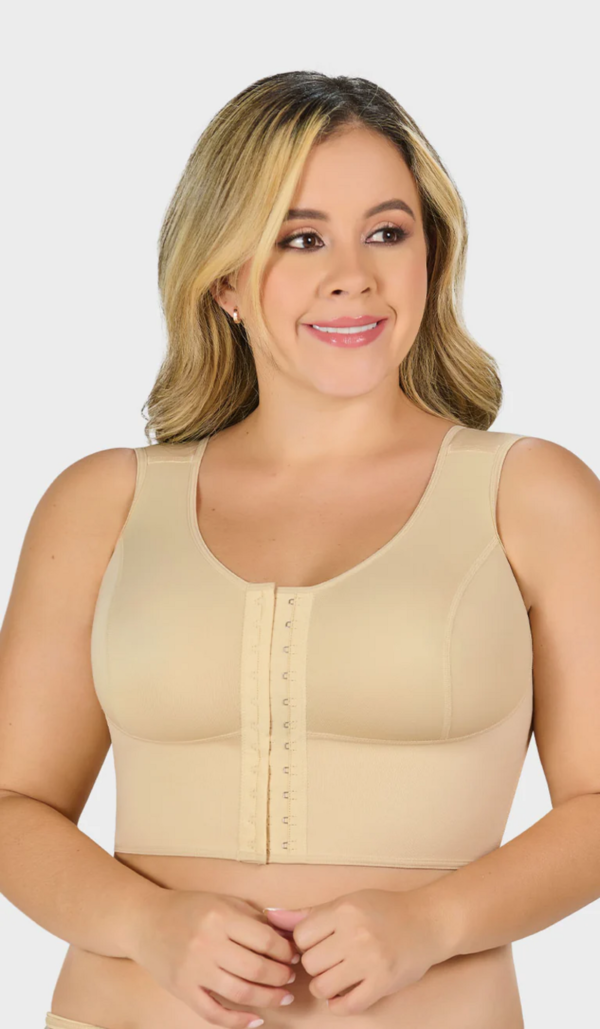 Control bra top with bust enhancement, wide straps, covered back, and two-level hook closure for daily use.