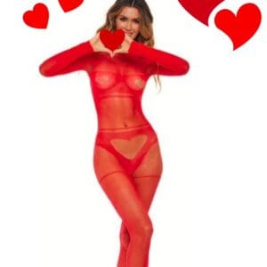 Red full bodystocking bodysuit with heart-pattern design, form-fitting mesh highlighting
