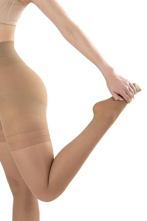 Butt-lifting support pantyhose with matte finish and 40 denier coverage in black and beige."