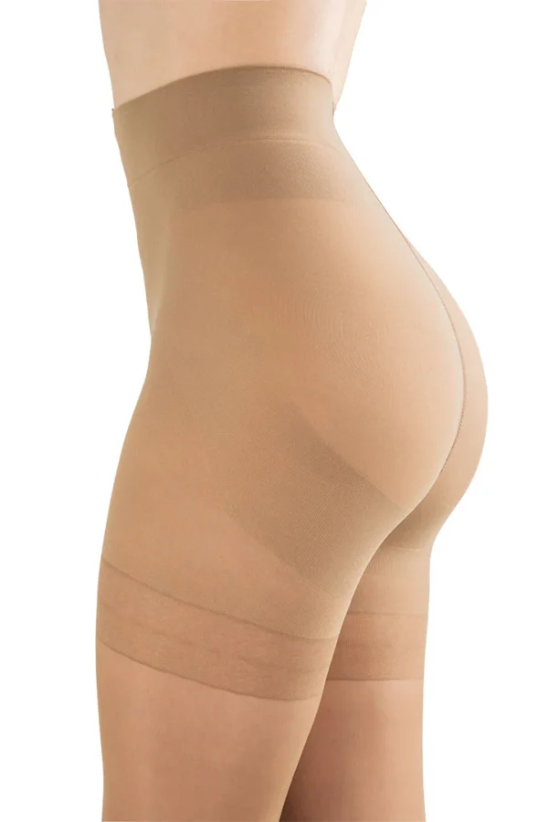 Butt-lifting support pantyhose with matte finish and 40 denier coverage in black and beige."