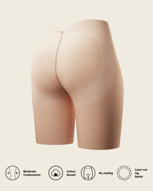 Moderate control shaper short in black. Undetectable design with scoop back. Style 092063.